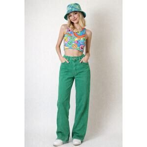 Zara TRF High Waist Straight Wide Leg Green Raw Hem 5 Pocket Denim Jeans | 4